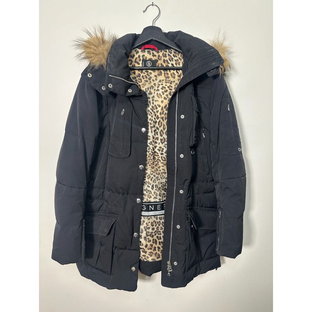 Bogner Luxury Down Ski Parka Jacket Black Leopard Lining Detachable Hood Sz 8